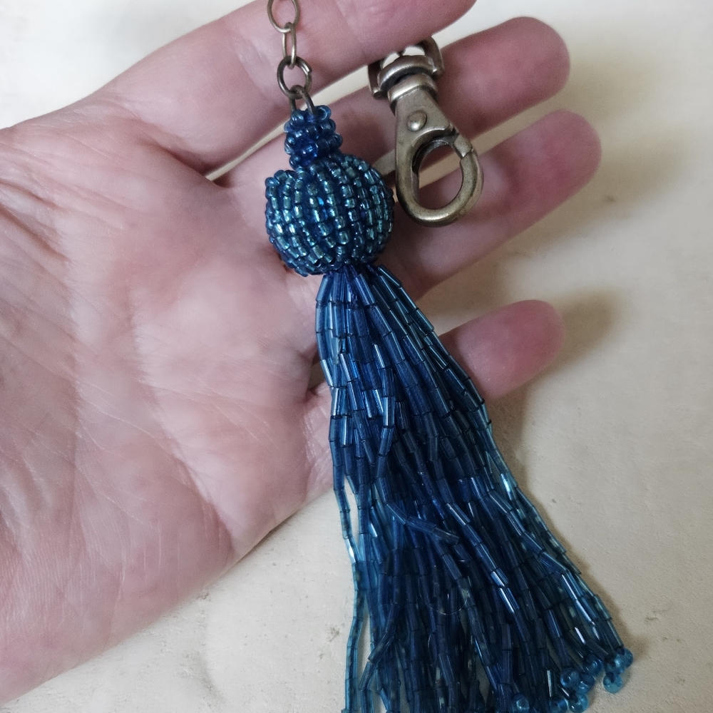 VTG-Inspired Y2K Handcrafted Aqua Glass Beaded Tassel Keychain Approx 7.5"
